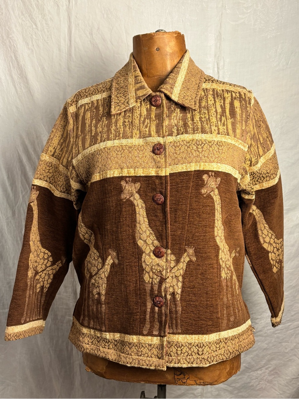 Vintage Anu by Natural Women’s Safari Giraffe Tapestry Jacket Tan Sz. S